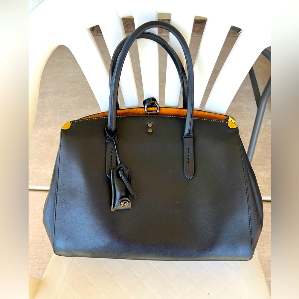 Coach Cooper Black Leather Satchel with Gold Accents
